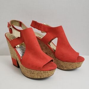 Size 7 Carlos By Carlos Santana Red Bristol Open Toe Cork Wedge Heels